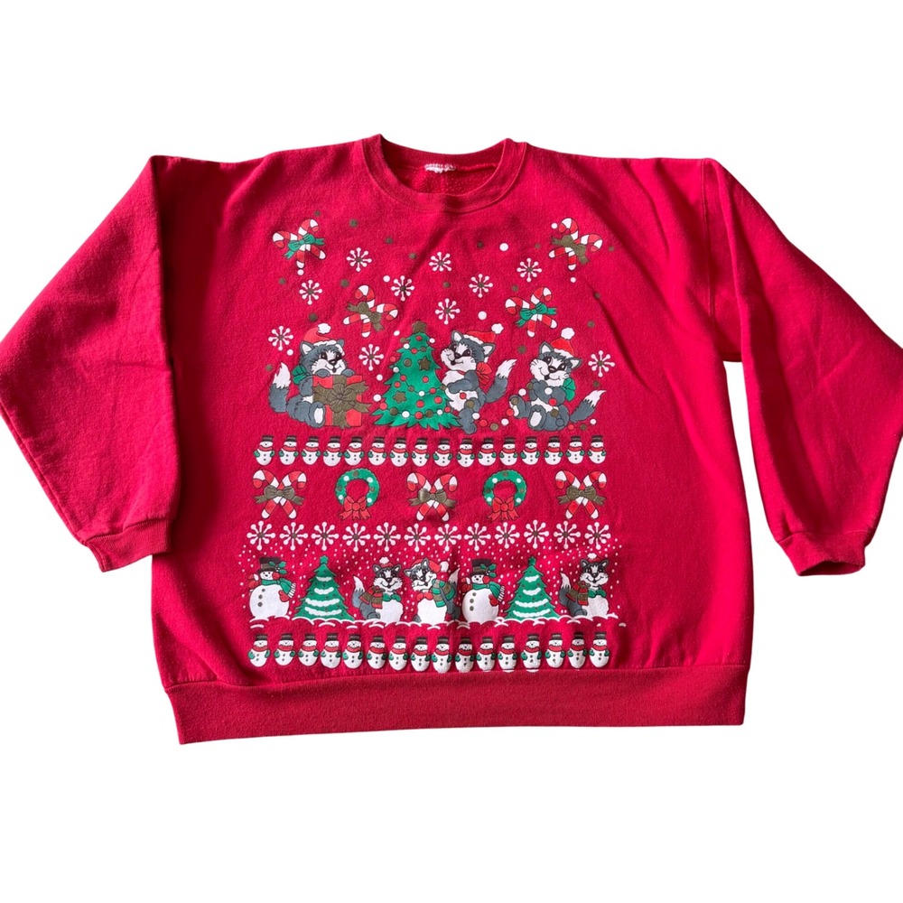 Vintage Red Christmas Sweatshirt CATS & Snowmen Graphic Pullover Size L‎